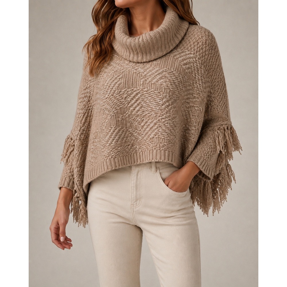 Lucky Brand Poncho Sweater Women L/XL Tan Good Cowl Neck Fringe Boho Knit